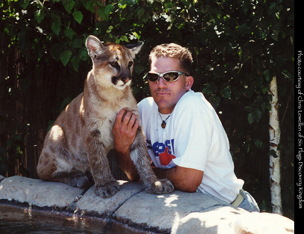 Trainer and Isa, a mountain lion cub, next to a waterfall on Tiger Island.